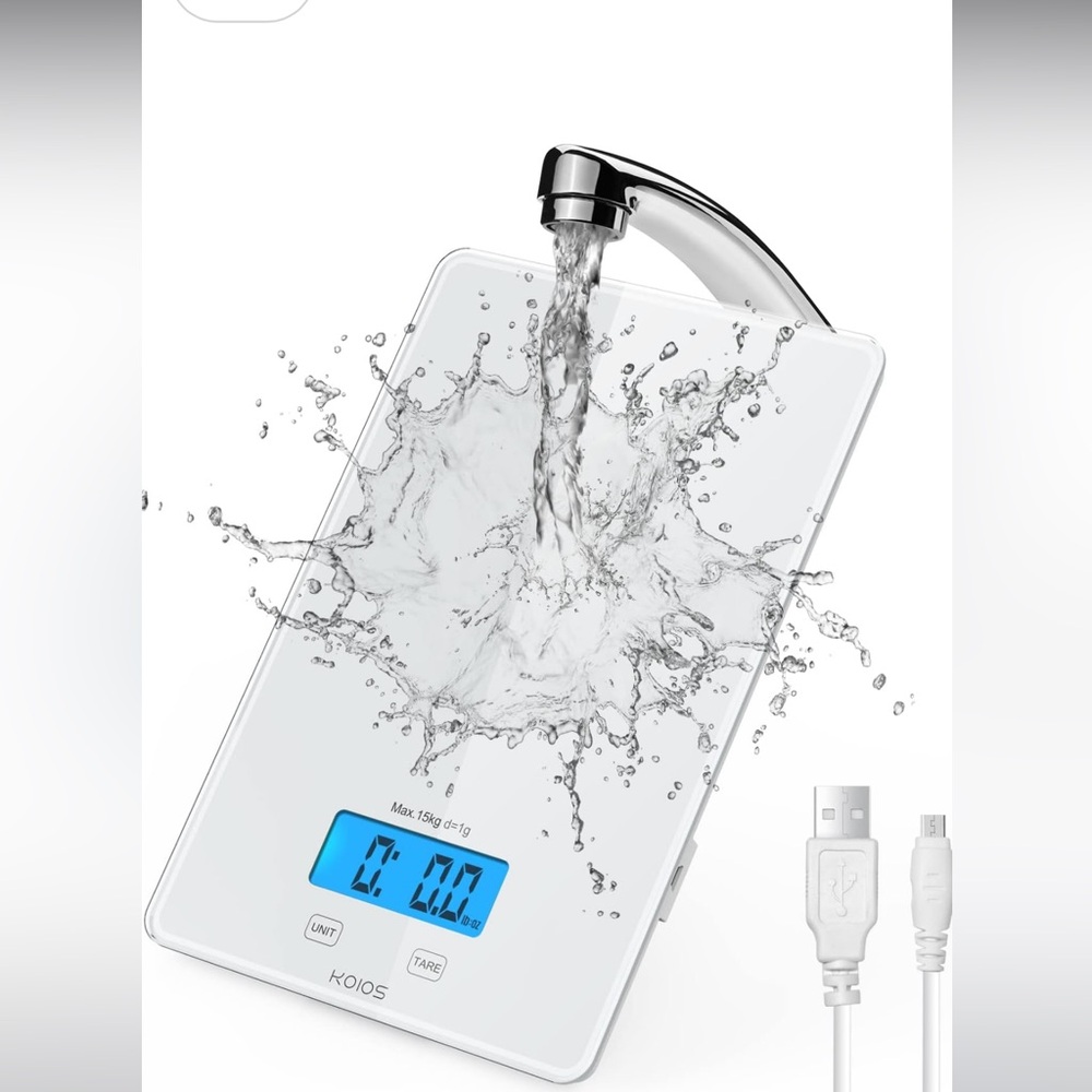 NWT KOIOS USB Rechargeable Food Scale ,Digital, Waterproof Glass, 6 Weight Units